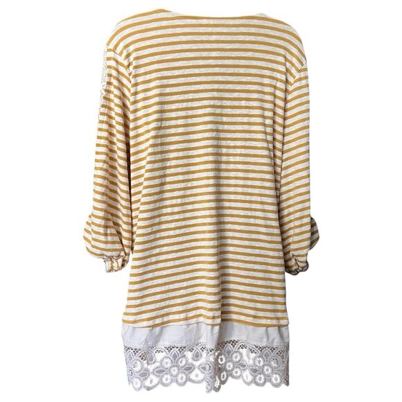 Cato Mustard Yellow Striped Lace Trim Tunic Top Sz Large Lagenlook Cottagecore - Picture 8 of 8